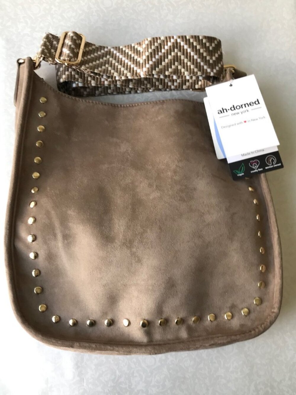 ahdorned Messenger Crossbody  Faux Suede Bone  Bag   11”x 12.0”